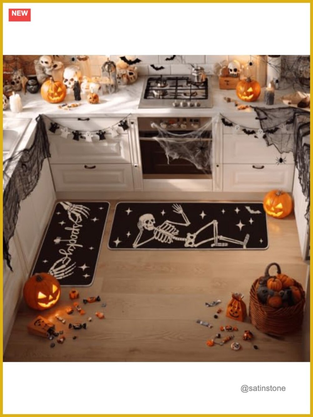 Kitchen Mats Set of 2 Skeleton Spider Bone Low-Profile Non-Slip 17x29 17x47